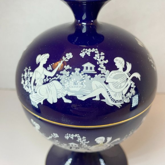Vintage Italy Florentine Cobalt Blue Ceramic Compote Lidded Dish Greek Couple - Picture 5 of 11